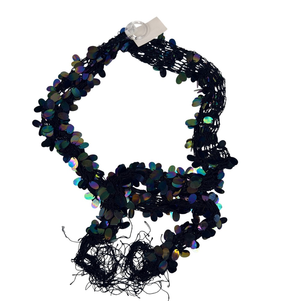 New Y2K Cato Black Iridescent Sequin Crochet Fringe Tie Belt